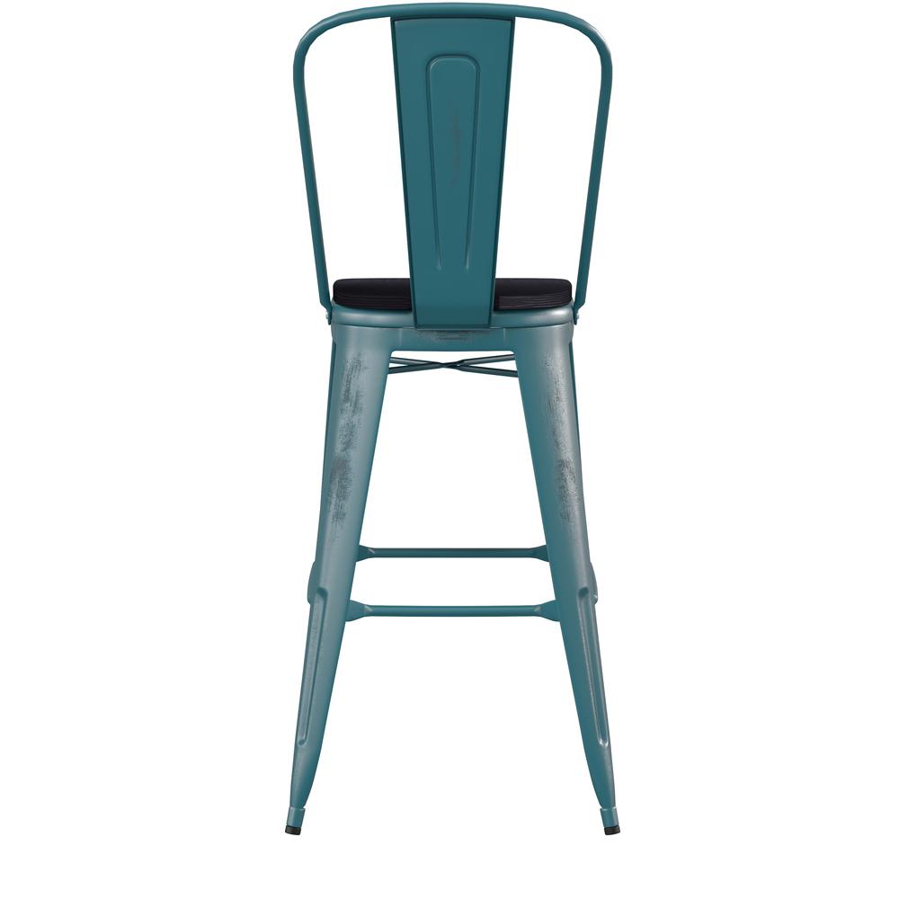30" High Kelly Blue-Teal Metal Indoor-Barstool with Black Poly Resin Wood Seat. Picture 9