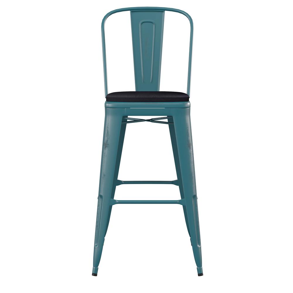 30" High Kelly Blue-Teal Metal Indoor-Barstool with Black Poly Resin Wood Seat. Picture 11