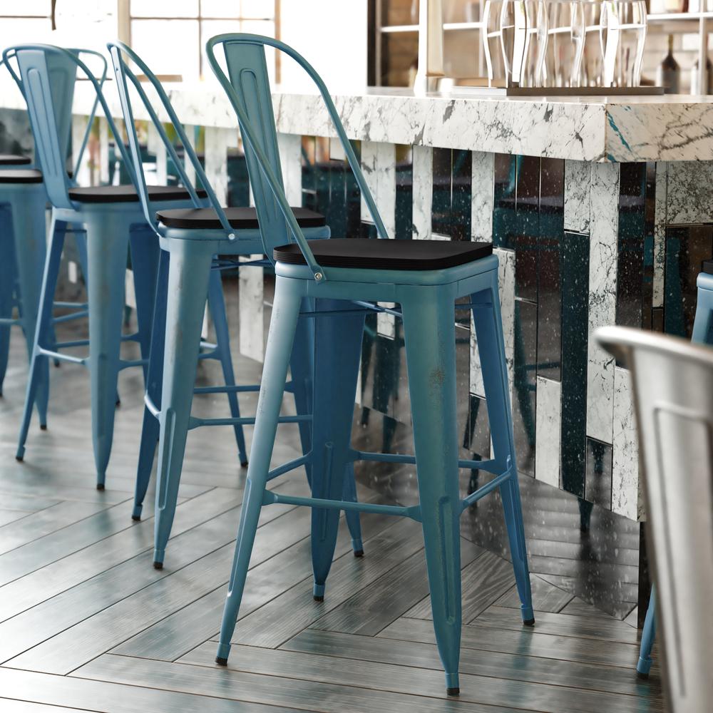 30" High Kelly Blue-Teal Metal Indoor-Barstool with Black Poly Resin Wood Seat. Picture 1