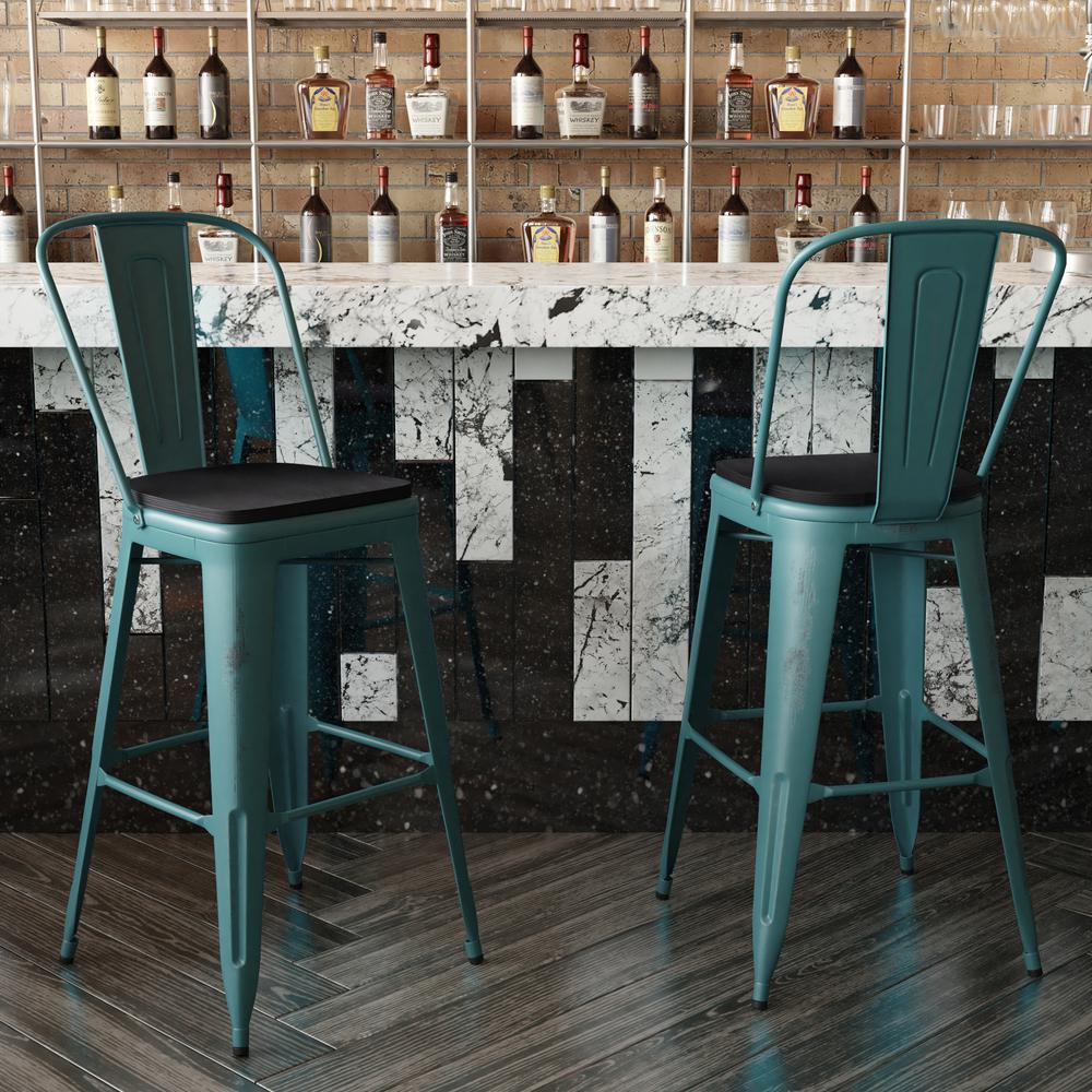 30" High Kelly Blue-Teal Metal Indoor-Barstool with Black Poly Resin Wood Seat. Picture 7