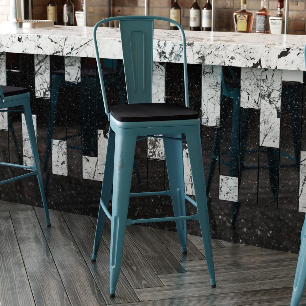 30" High Kelly Blue-Teal Metal Indoor-Barstool with Black Poly Resin Wood Seat. Picture 8