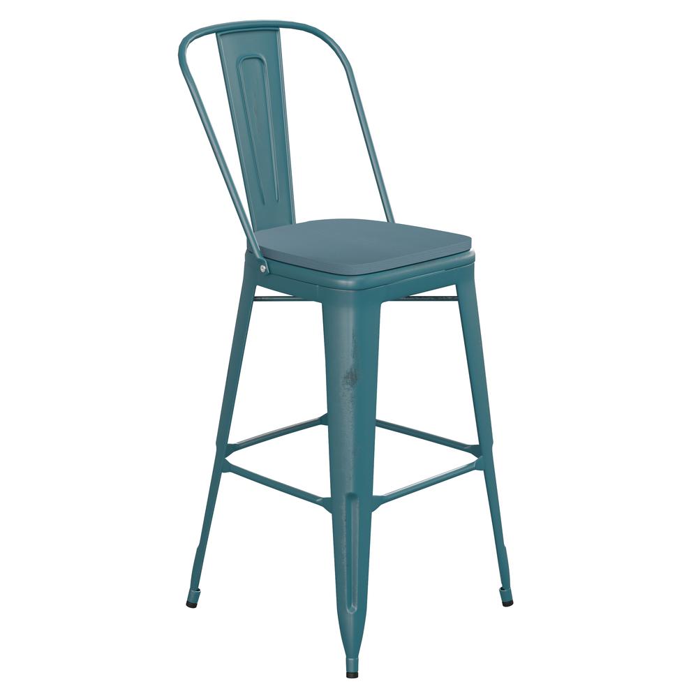 30" High Kelly Blue-Teal Metal Barstool with Teal-Blue Poly Resin Wood Seat. Picture 2
