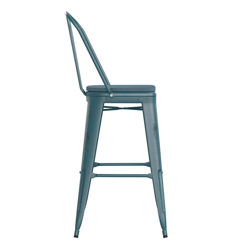 30" High Kelly Blue-Teal Metal Barstool with Teal-Blue Poly Resin Wood Seat. Picture 10