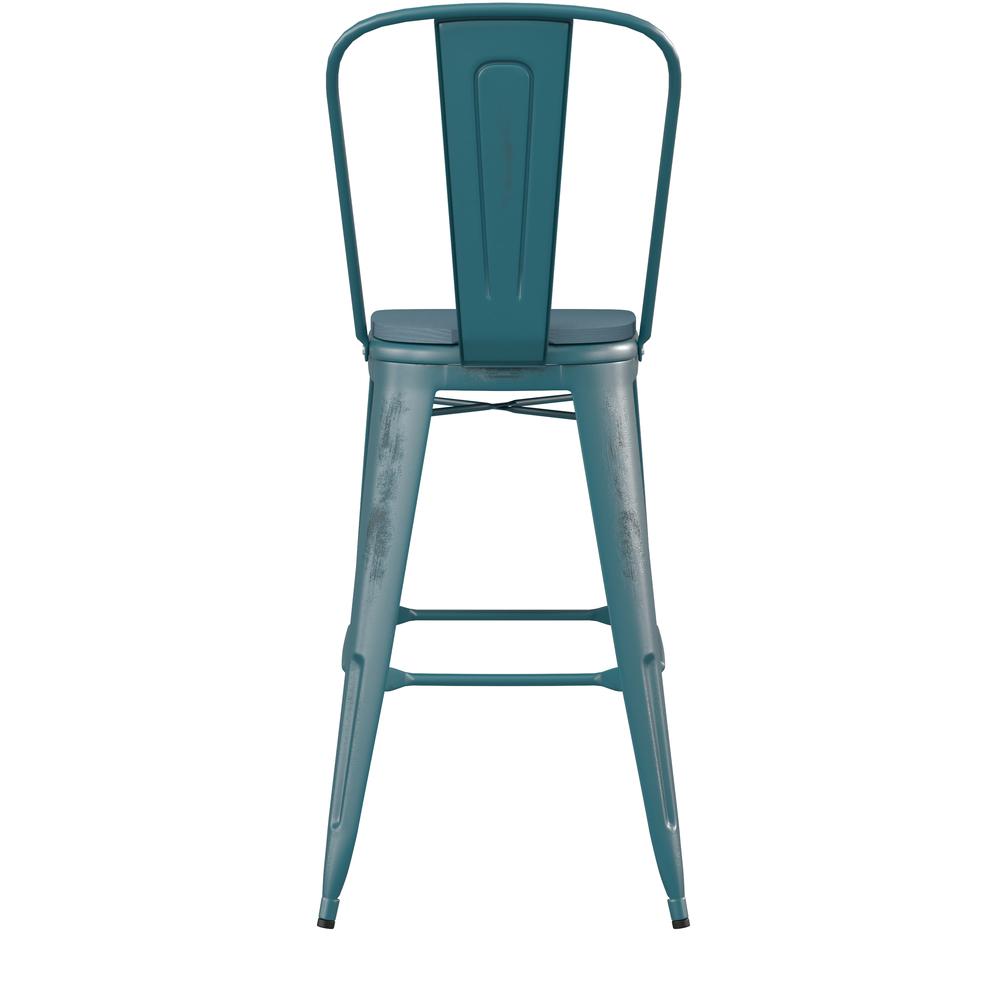 30" High Kelly Blue-Teal Metal Barstool with Teal-Blue Poly Resin Wood Seat. Picture 9