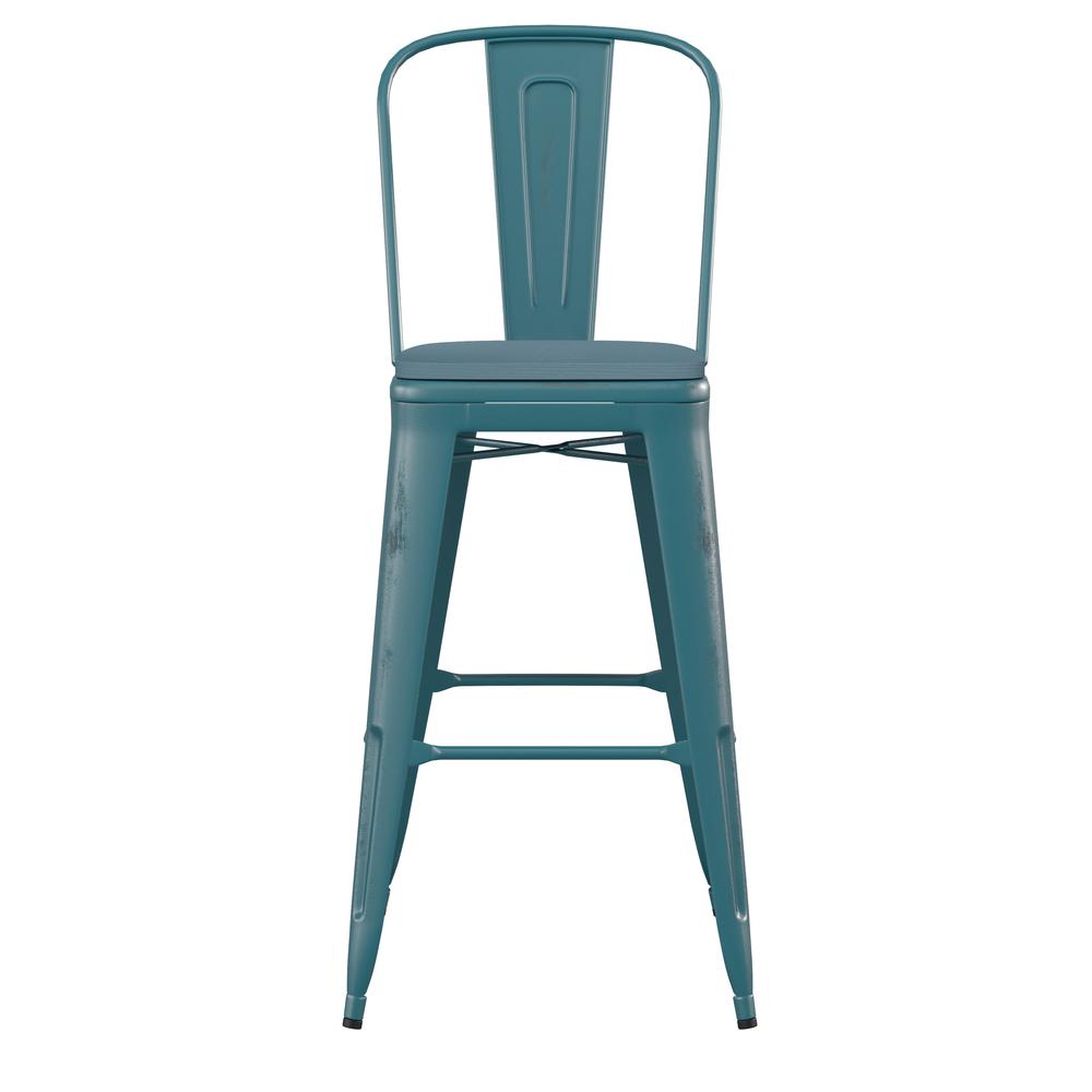 30" High Kelly Blue-Teal Metal Barstool with Teal-Blue Poly Resin Wood Seat. Picture 11