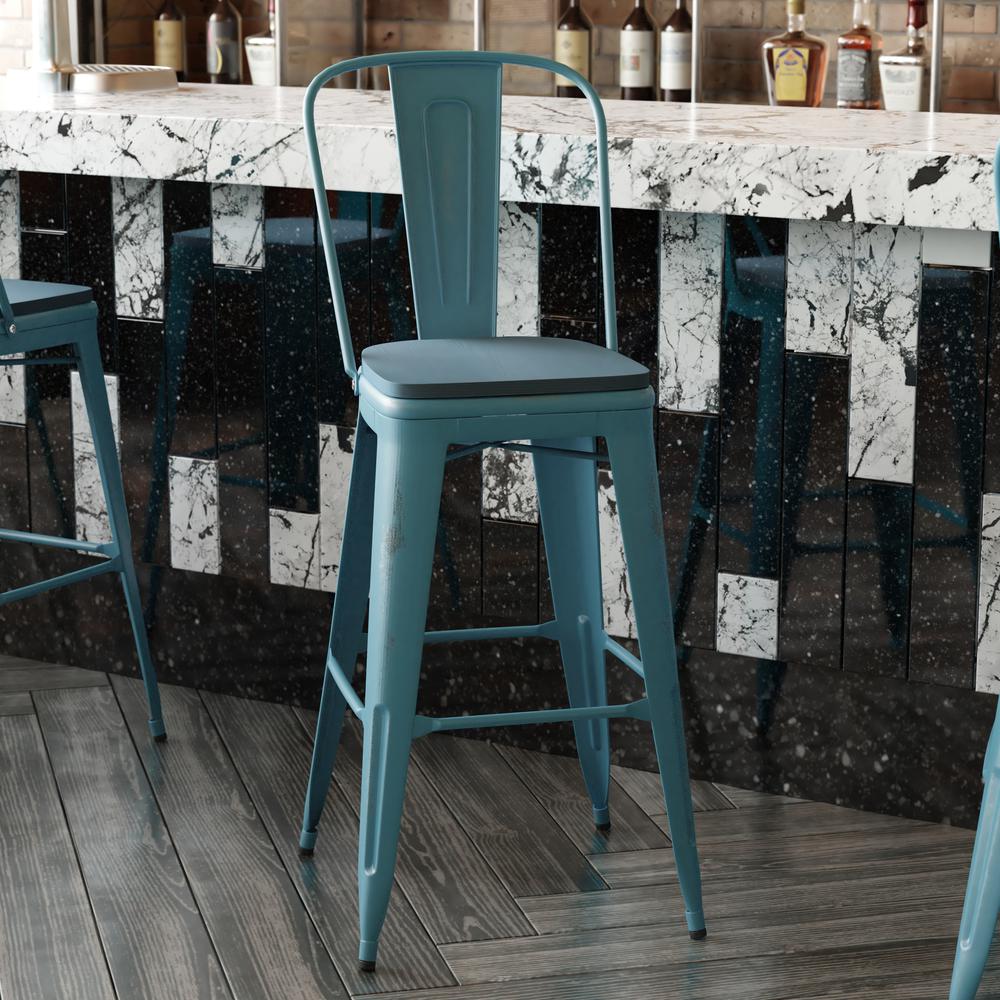 30" High Kelly Blue-Teal Metal Barstool with Teal-Blue Poly Resin Wood Seat. Picture 8