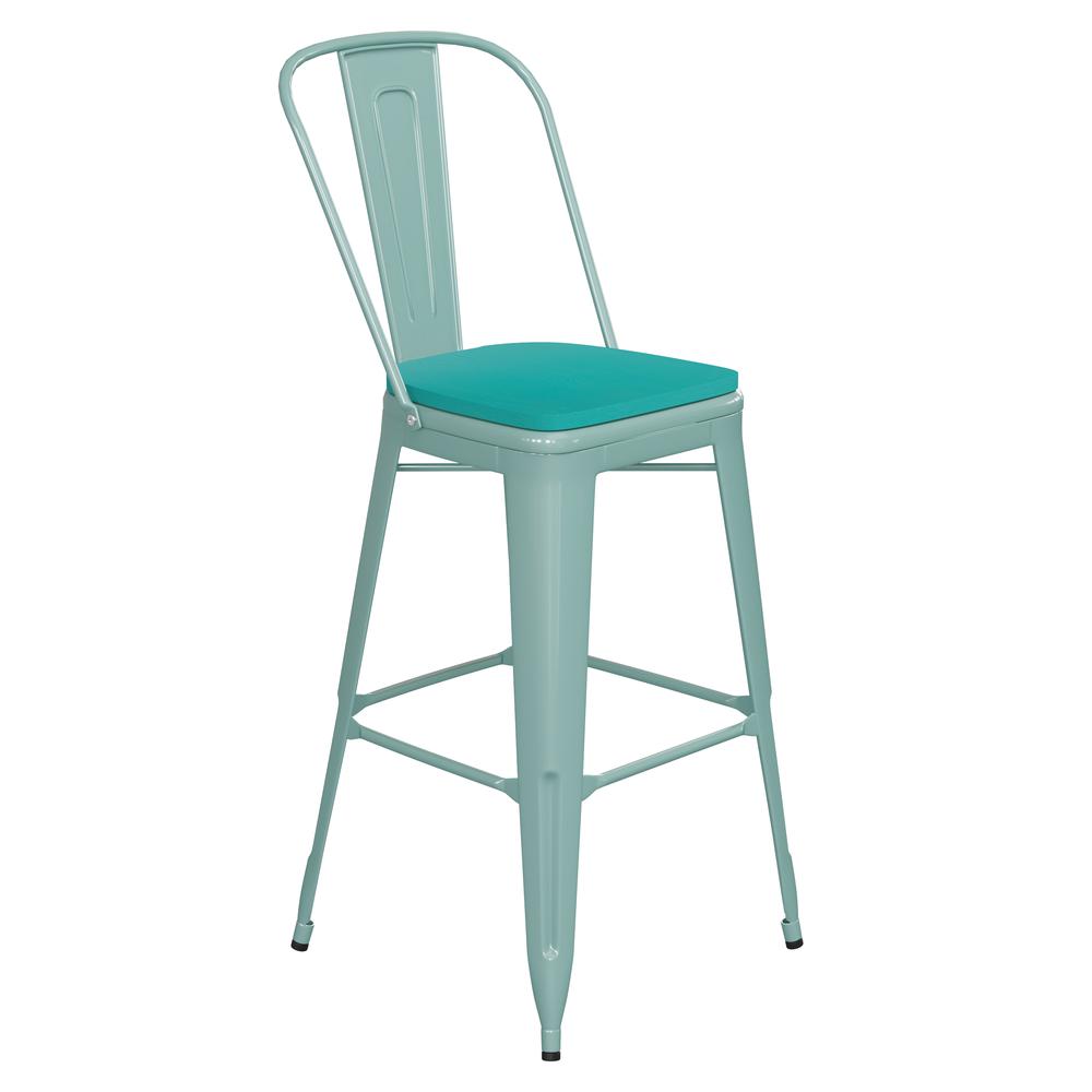 30" High Mint Green Metal Indoor-Barstool with Mint Green Poly Resin Wood Seat. Picture 1