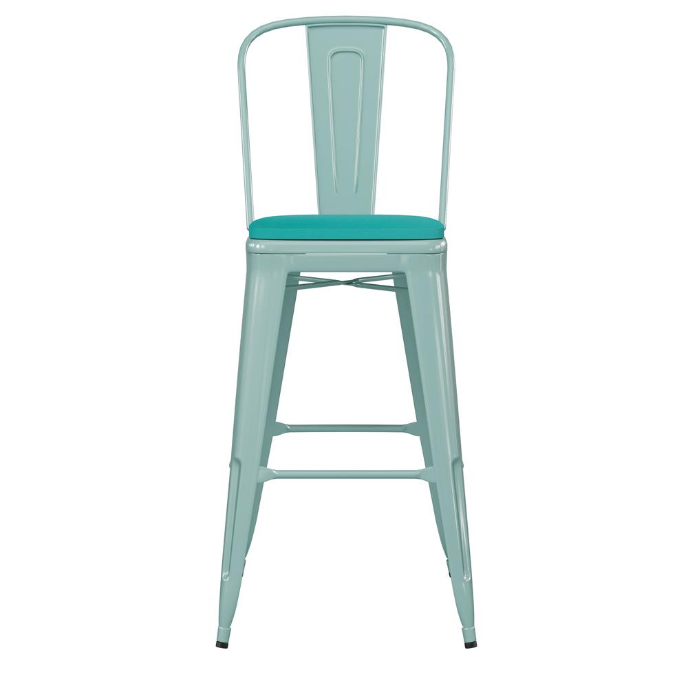 30" High Mint Green Metal Indoor-Barstool with Mint Green Poly Resin Wood Seat. Picture 4