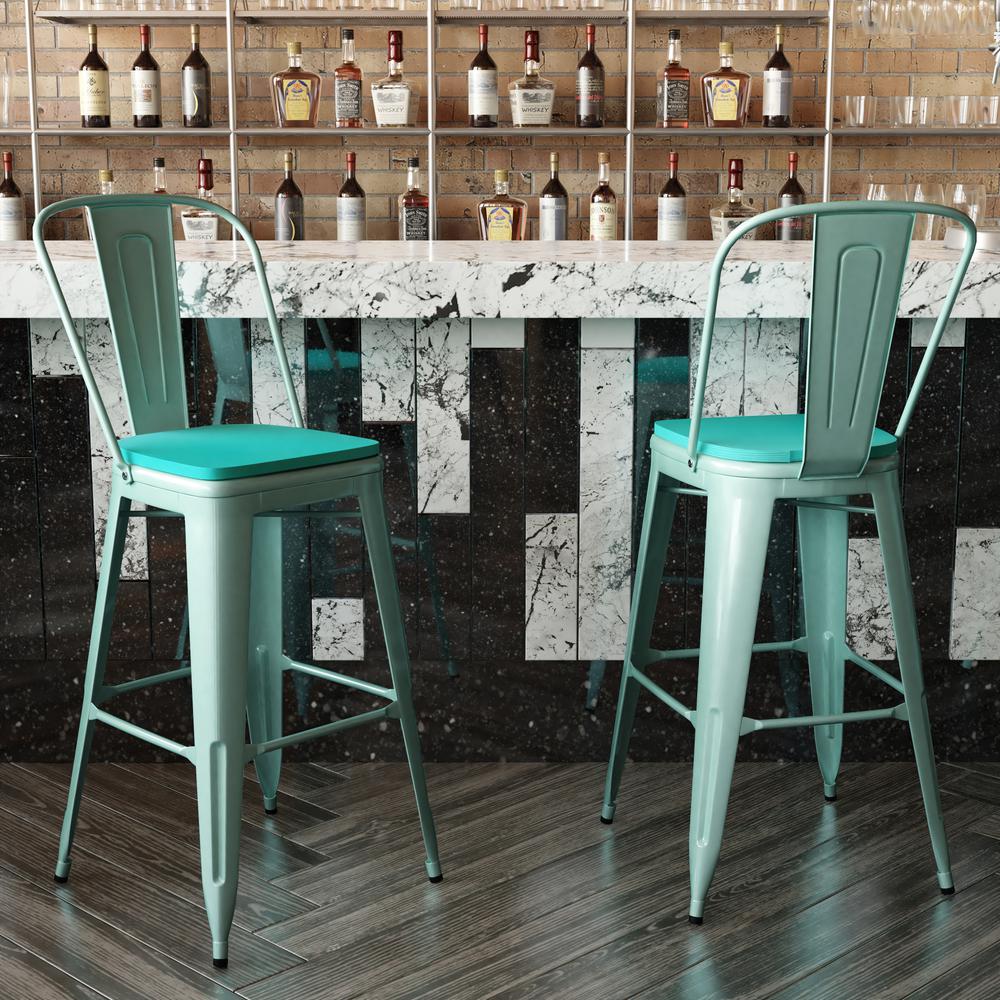 30" High Mint Green Metal Indoor-Barstool with Mint Green Poly Resin Wood Seat. Picture 9