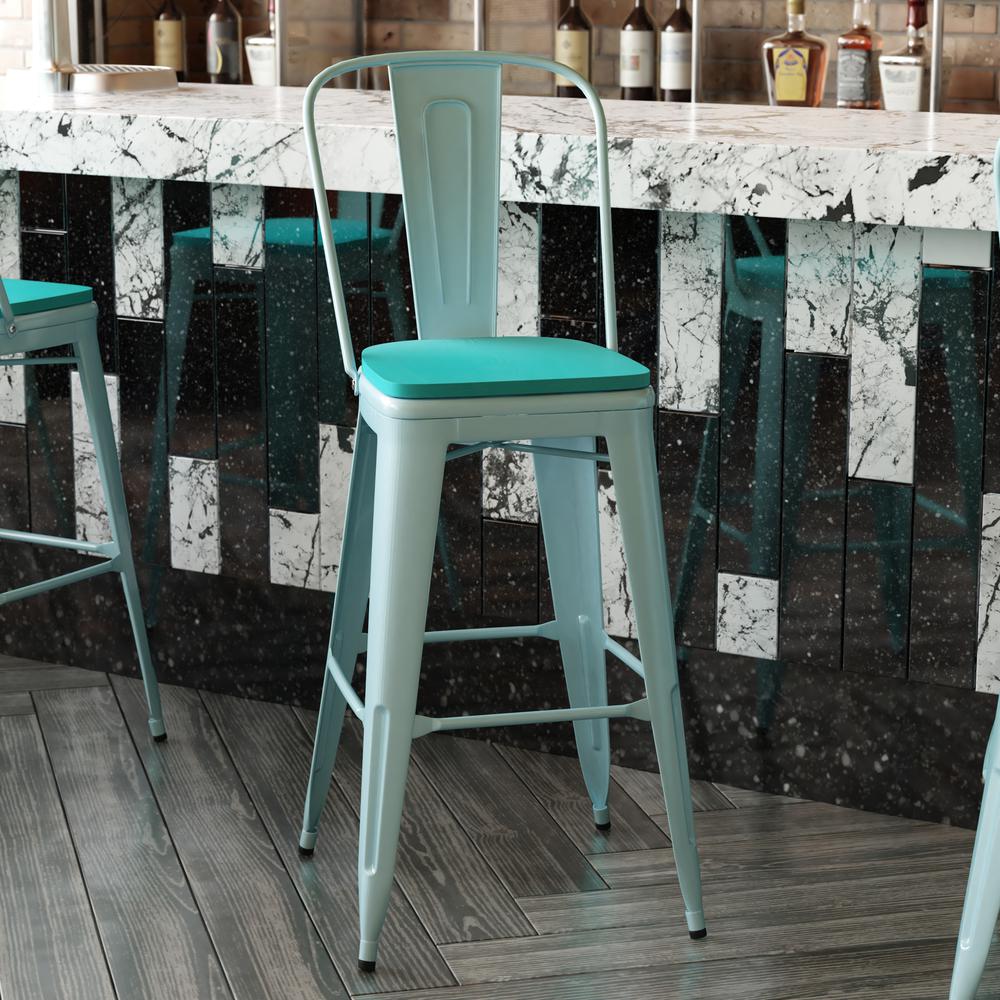 30" High Mint Green Metal Indoor-Barstool with Mint Green Poly Resin Wood Seat. Picture 11