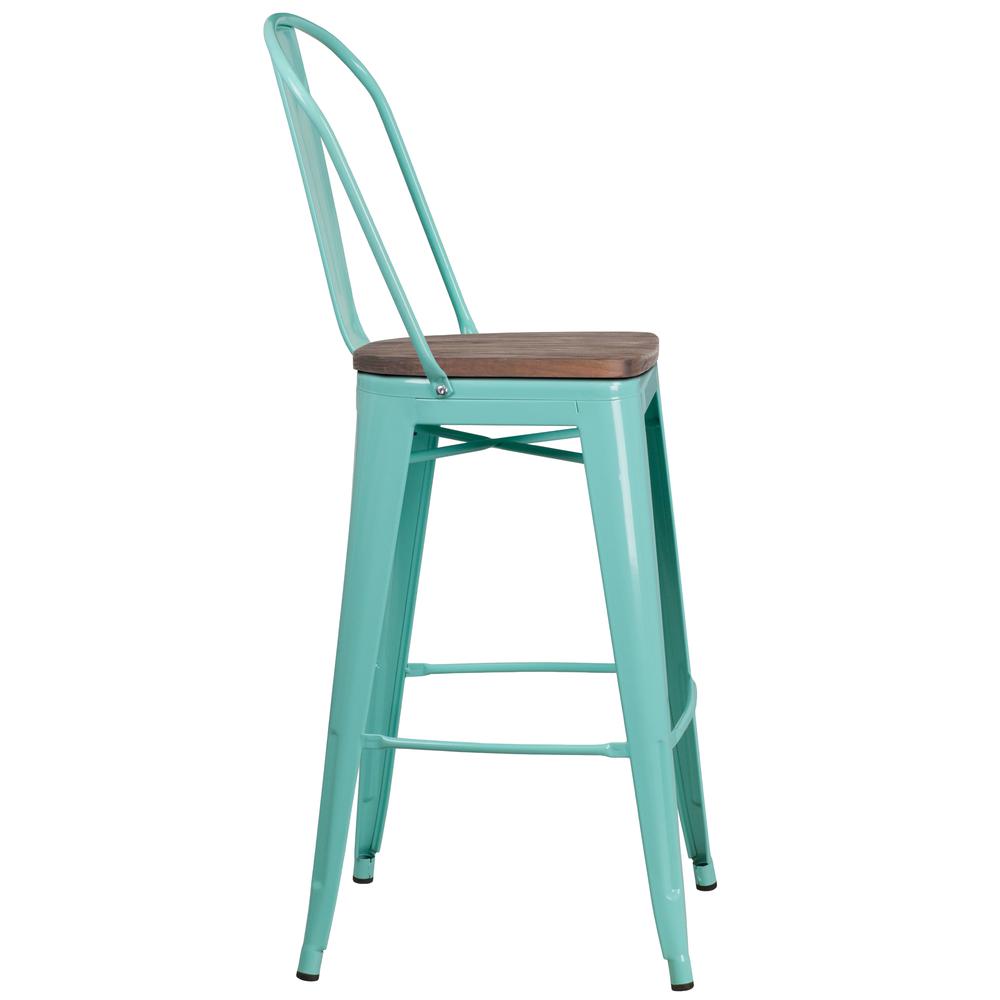 30" High Mint Green Metal Barstool with Back and Wood Seat. Picture 2