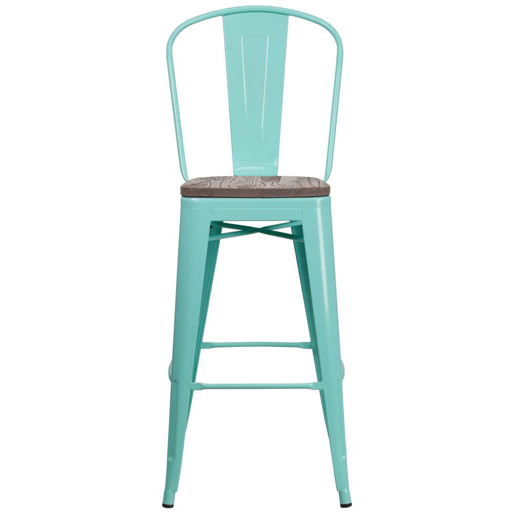 30" High Mint Green Metal Barstool with Back and Wood Seat. Picture 4