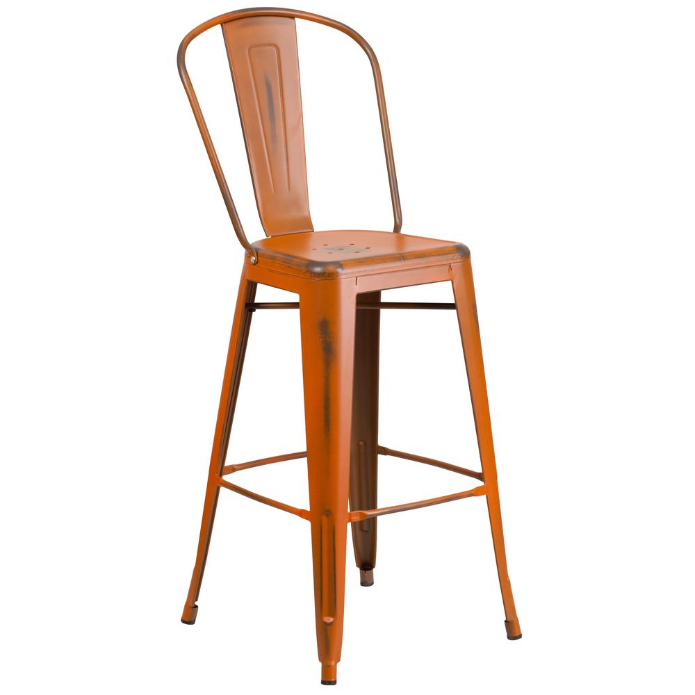 Commercial Grade 30" High Distressed Orange Metal Indoor-Outdoor Barstool with Back. Picture 1