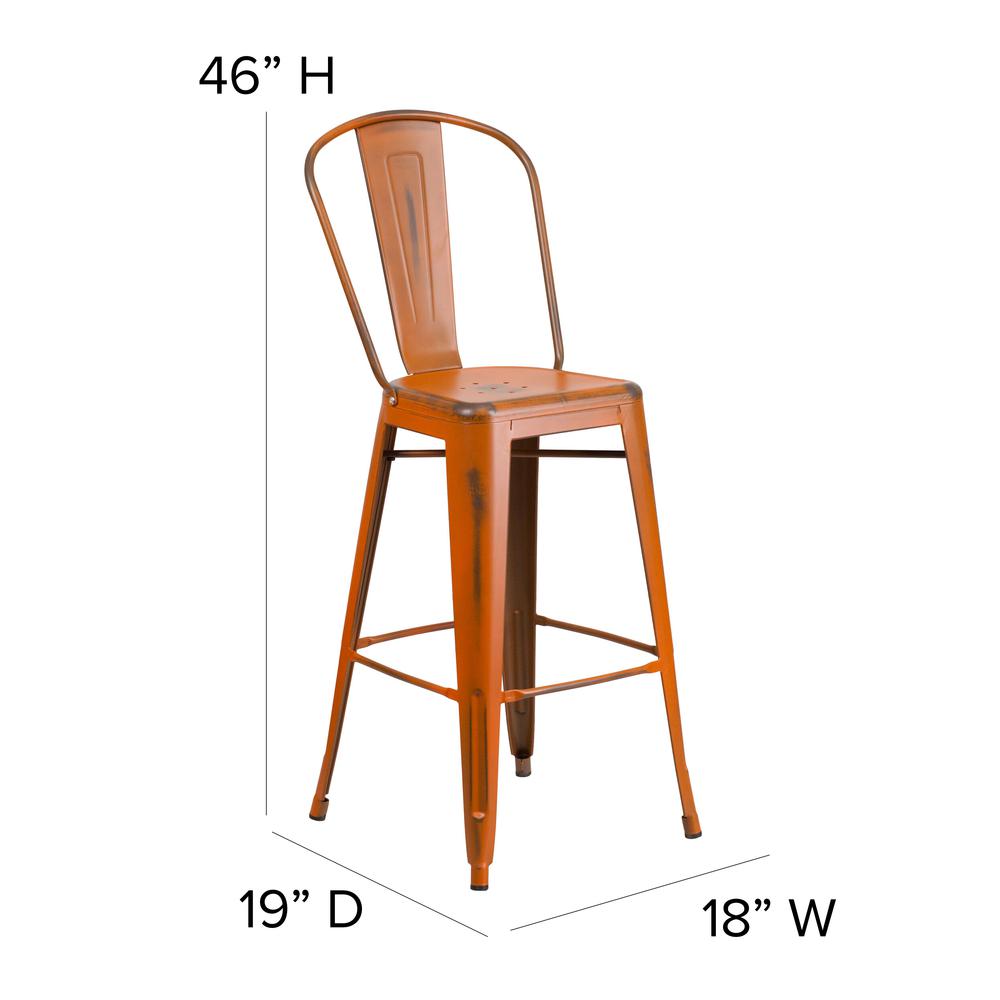 Commercial Grade 30" High Distressed Orange Metal Indoor-Outdoor Barstool with Back. Picture 2