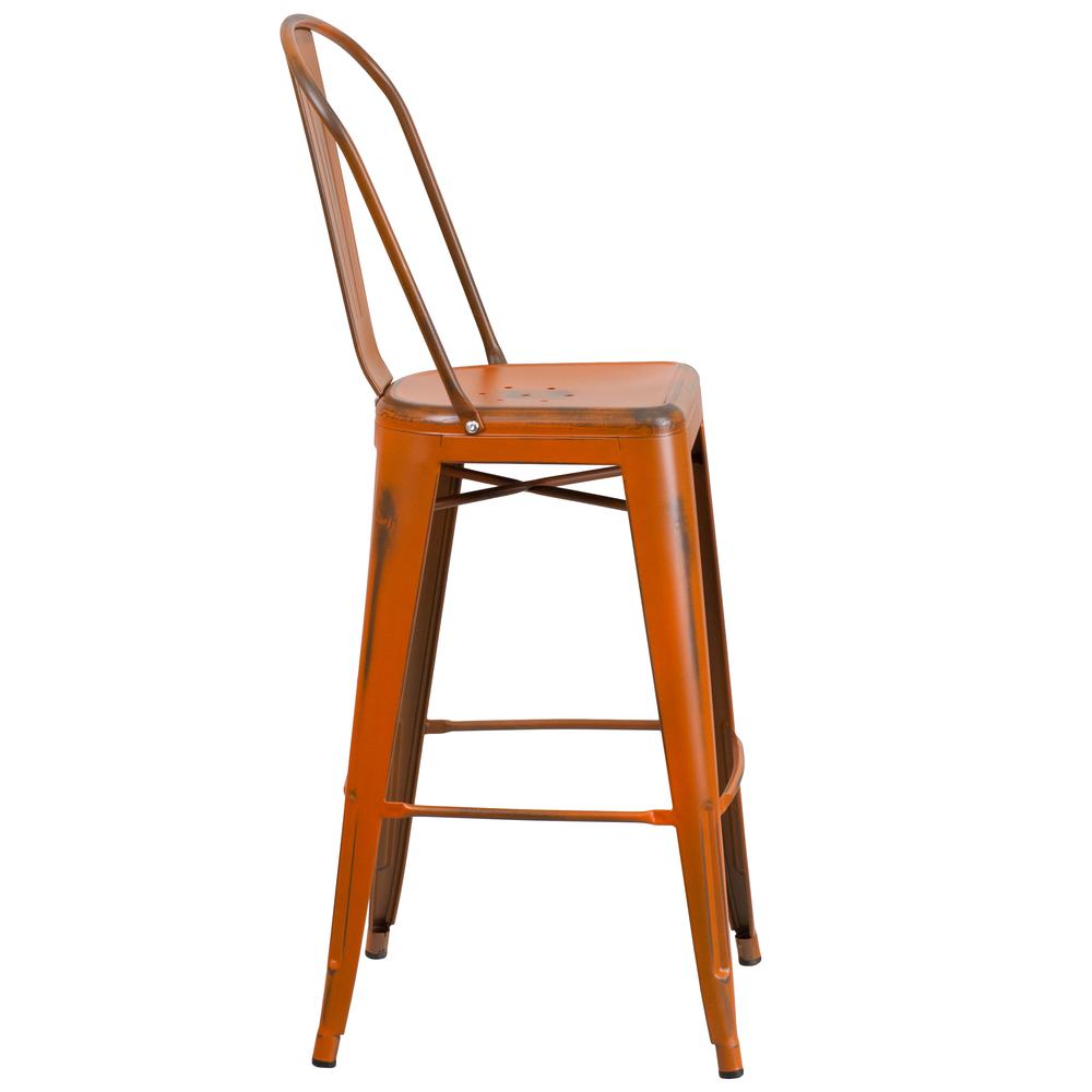 Commercial Grade 30" High Distressed Orange Metal Indoor-Outdoor Barstool with Back. Picture 3
