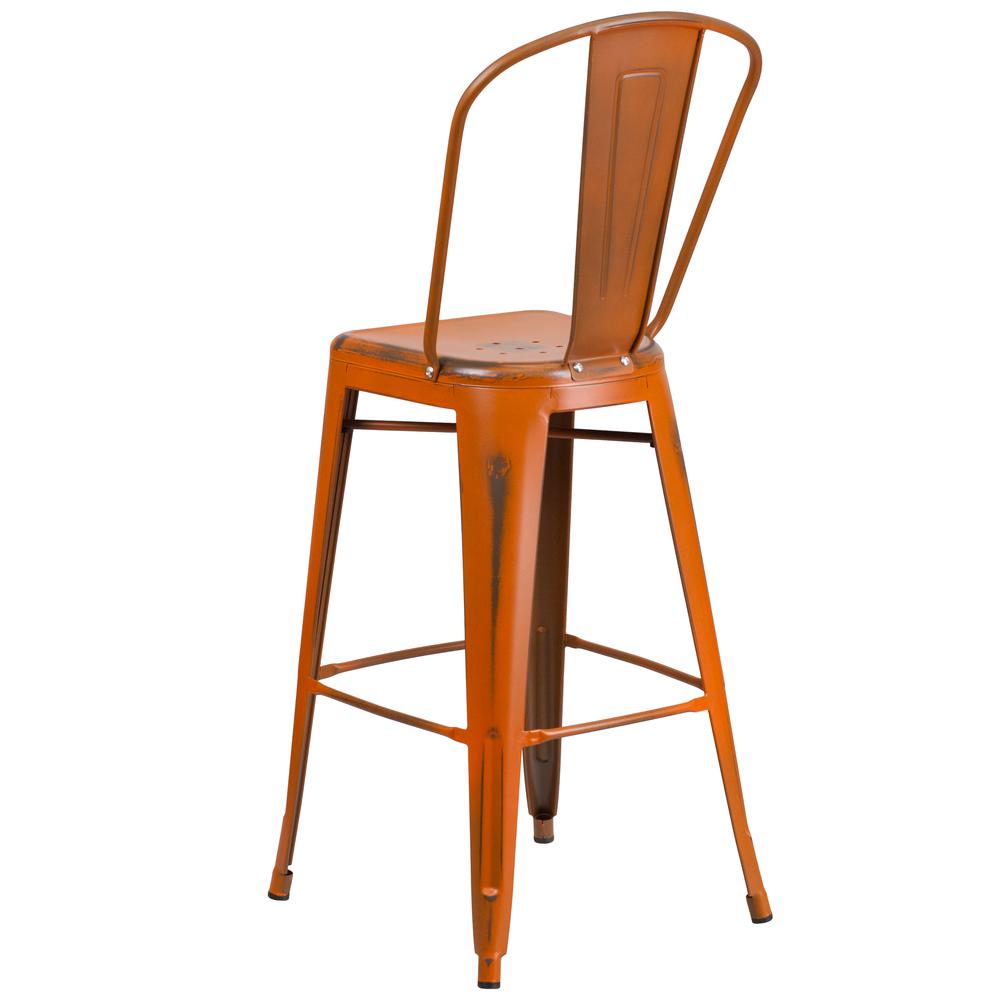 Commercial Grade 30" High Distressed Orange Metal Indoor-Outdoor Barstool with Back. Picture 4