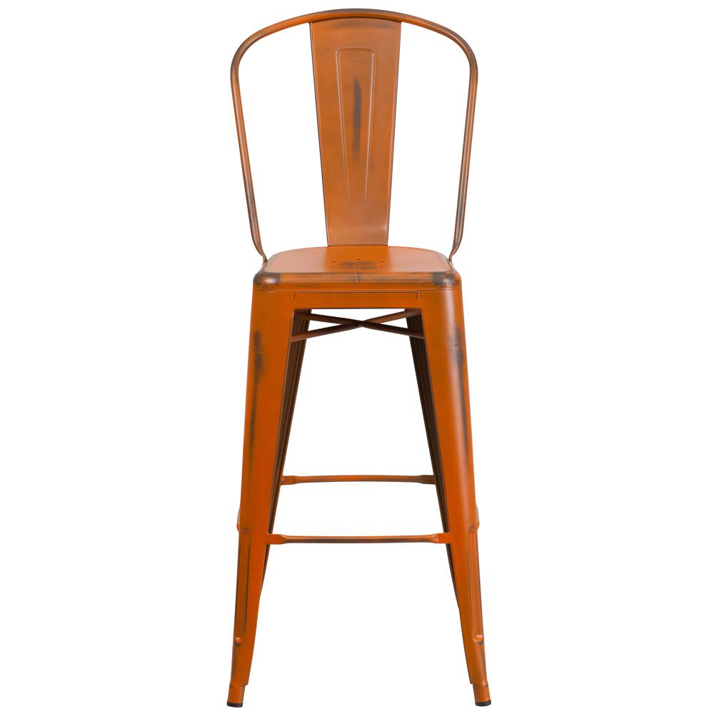 Commercial Grade 30" High Distressed Orange Metal Indoor-Outdoor Barstool with Back. Picture 5