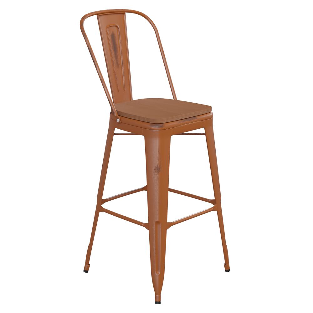 30" High Orange Metal Indoor-Outdoor Barstool with Teak Poly Resin Wood Seat. Picture 2
