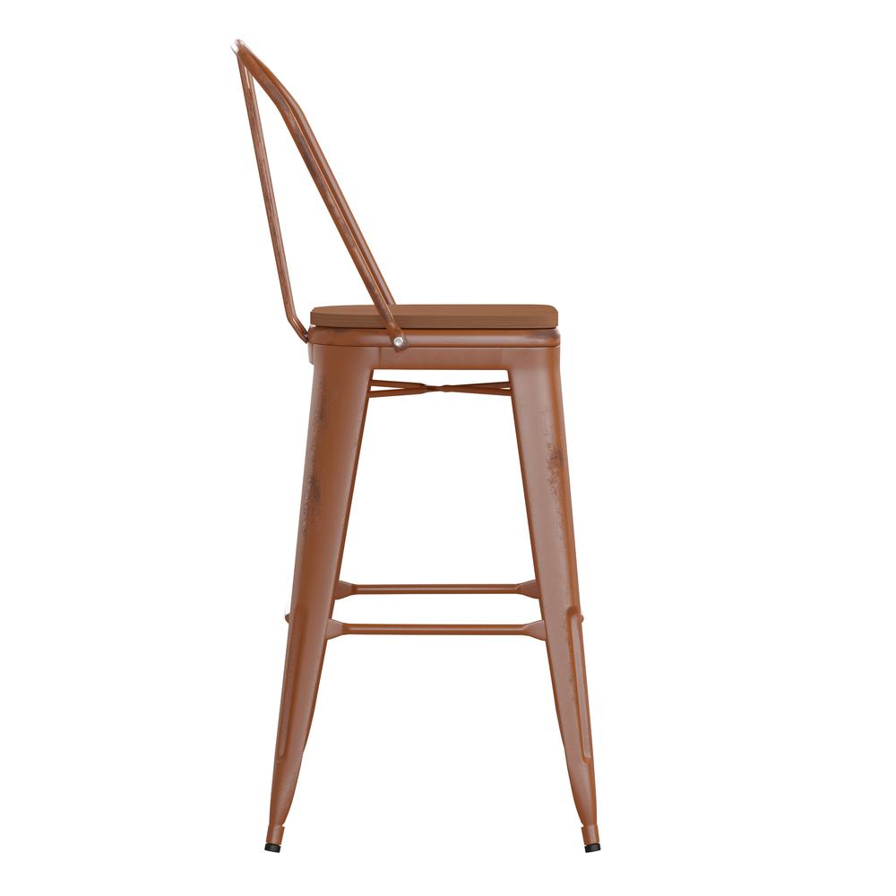 30" High Orange Metal Indoor-Outdoor Barstool with Teak Poly Resin Wood Seat. Picture 10