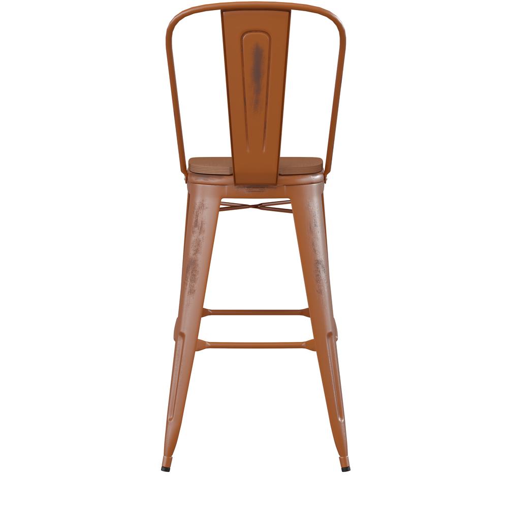 30" High Orange Metal Indoor-Outdoor Barstool with Teak Poly Resin Wood Seat. Picture 9