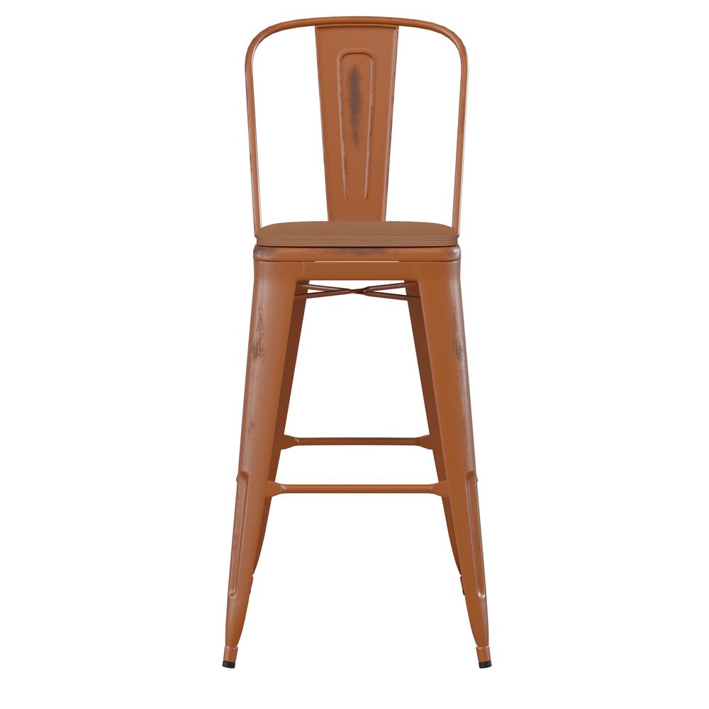 30" High Orange Metal Indoor-Outdoor Barstool with Teak Poly Resin Wood Seat. Picture 11