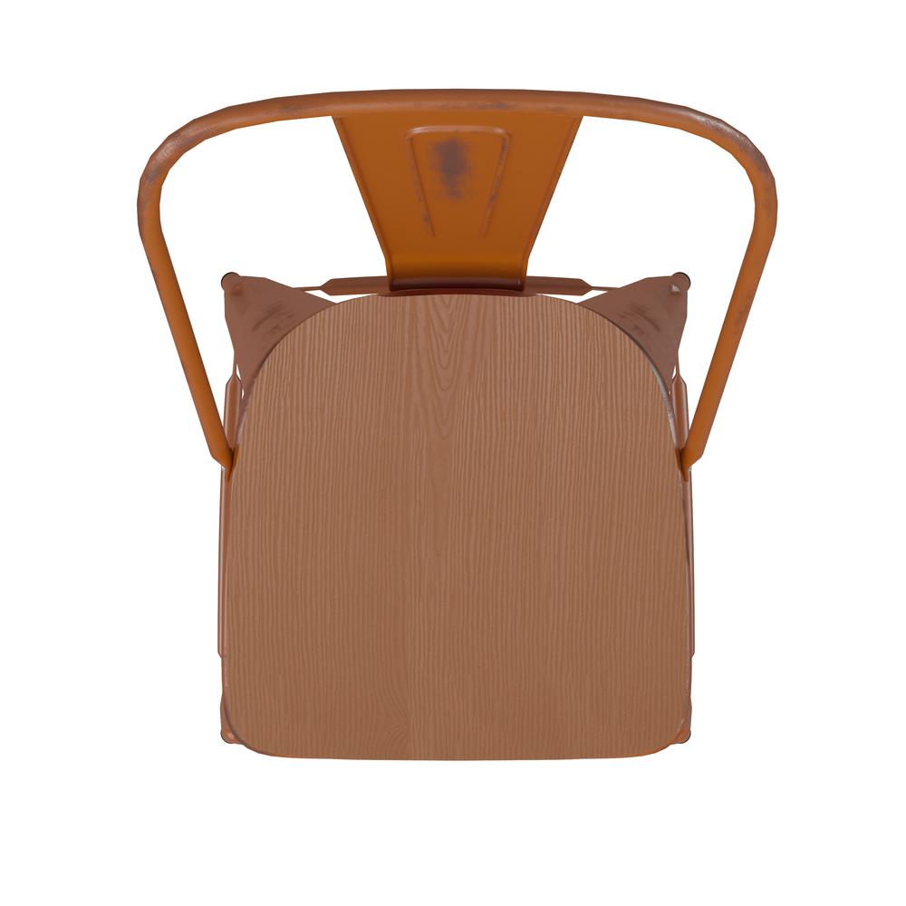 30" High Orange Metal Indoor-Outdoor Barstool with Teak Poly Resin Wood Seat. Picture 12