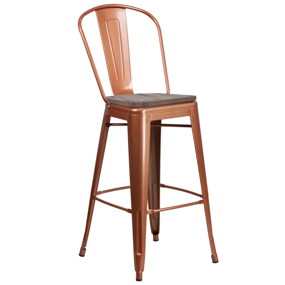 30" High Copper Metal Barstool with Back and Wood Seat. Picture 1