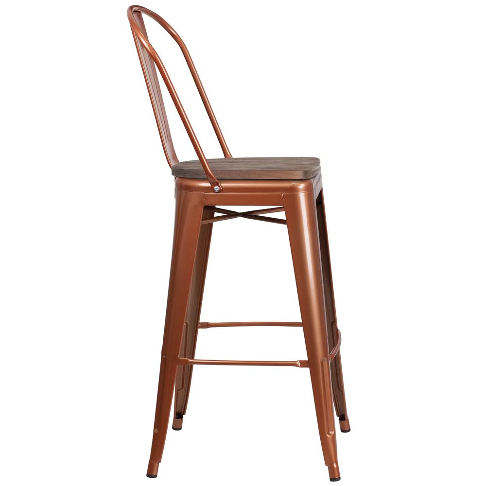 30" High Copper Metal Barstool with Back and Wood Seat. Picture 2