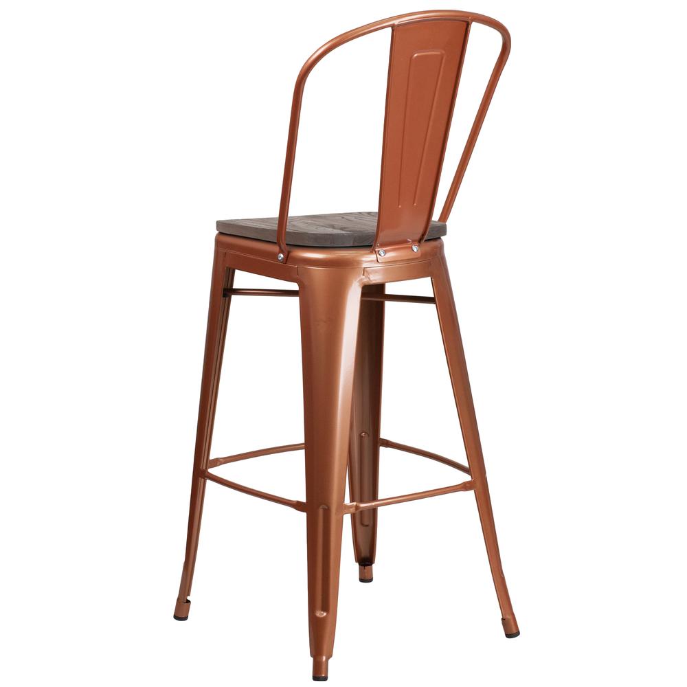 30" High Copper Metal Barstool with Back and Wood Seat. Picture 3