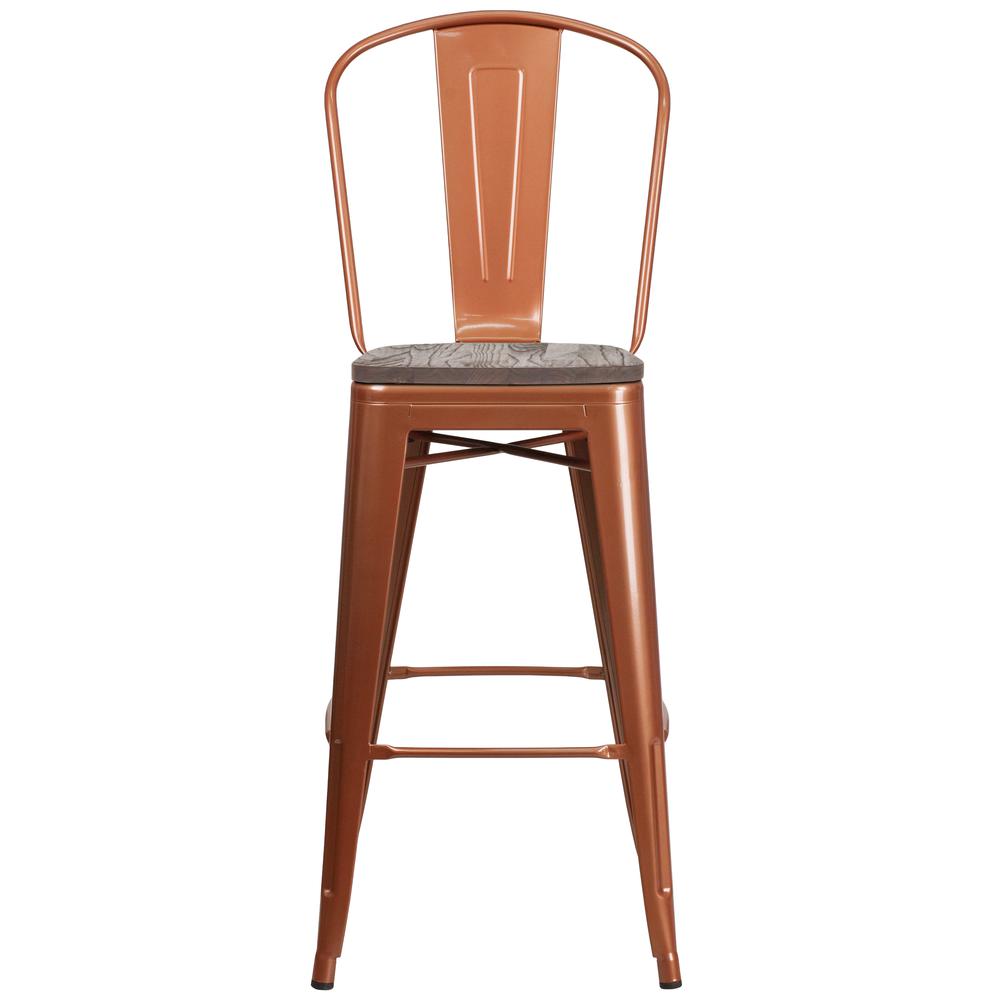 30" High Copper Metal Barstool with Back and Wood Seat. Picture 4