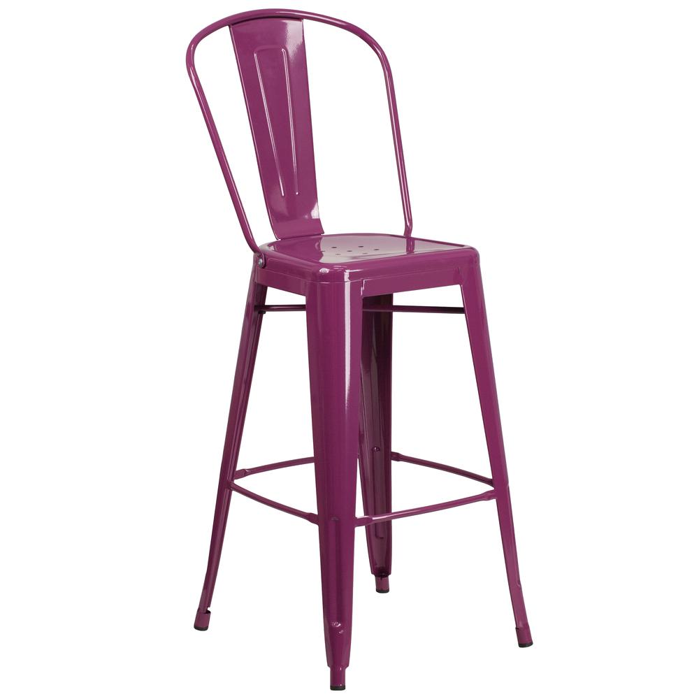 Commercial Grade 30" High Purple Metal Indoor-Outdoor Barstool with Back. Picture 1
