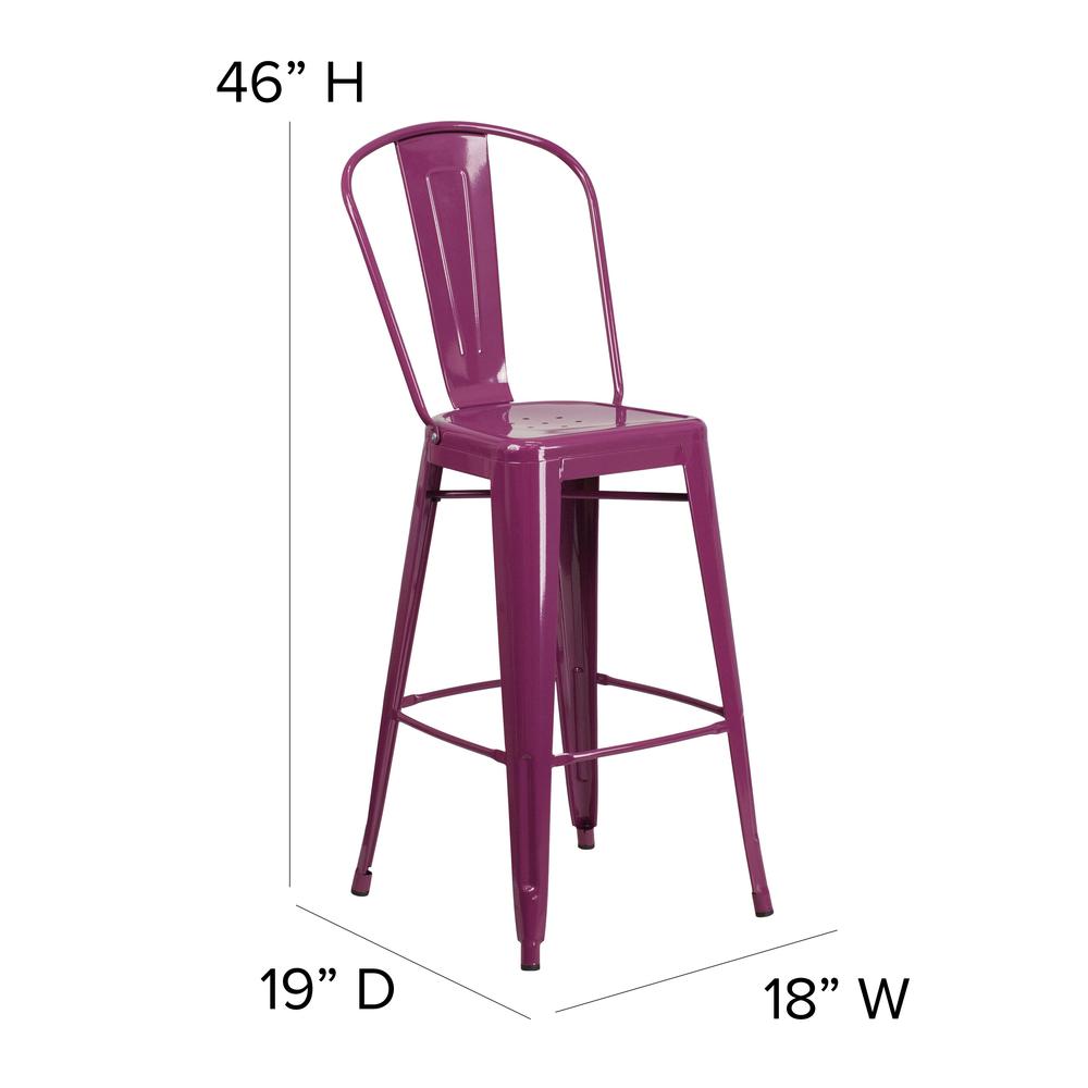 Commercial Grade 30" High Purple Metal Indoor-Outdoor Barstool with Back. Picture 2