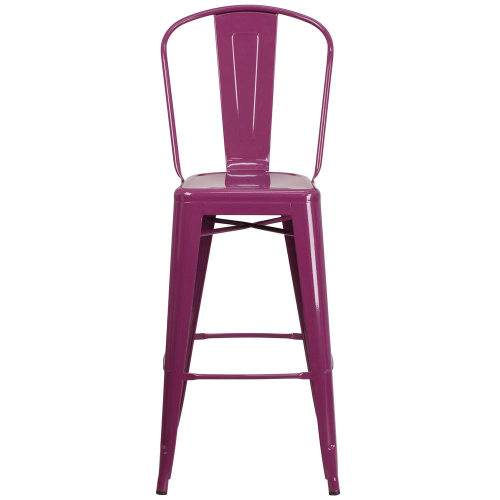 Commercial Grade 30" High Purple Metal Indoor-Outdoor Barstool with Back. Picture 5