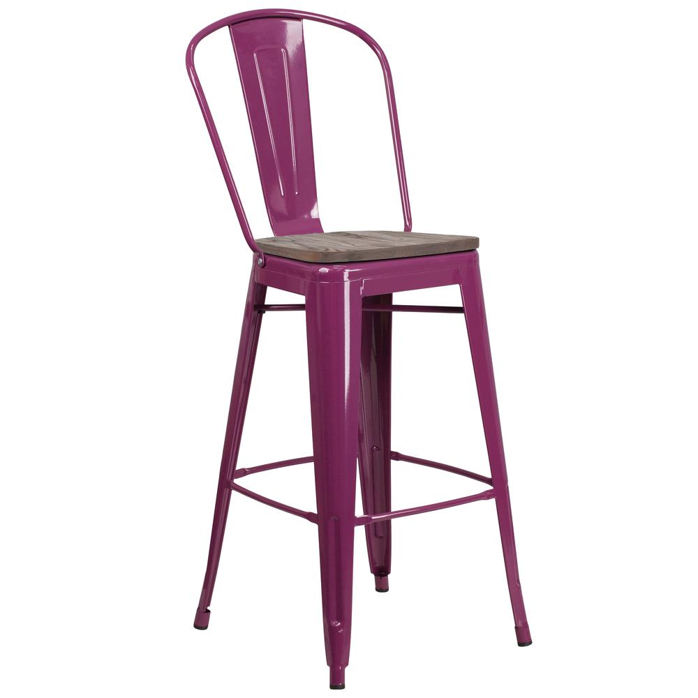 30" High Purple Metal Barstool with Back and Wood Seat. Picture 1