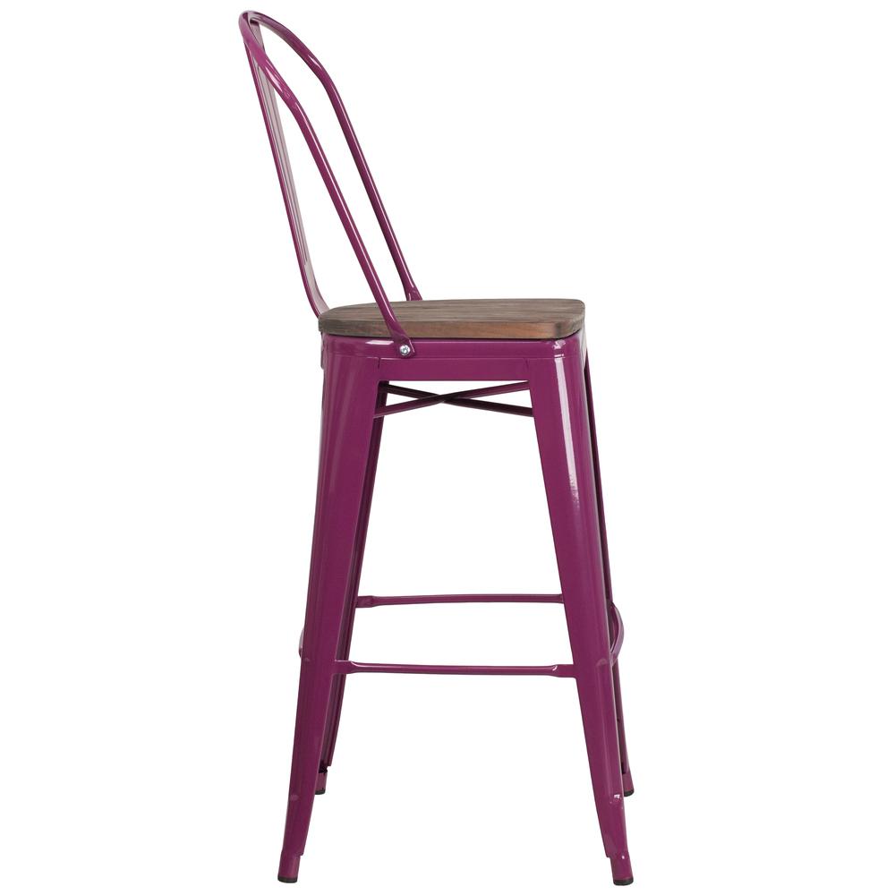30" High Purple Metal Barstool with Back and Wood Seat. Picture 2