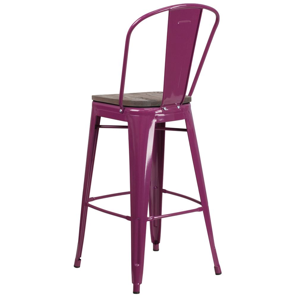 30" High Purple Metal Barstool with Back and Wood Seat. Picture 3