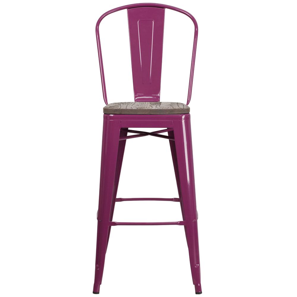 30" High Purple Metal Barstool with Back and Wood Seat. Picture 4