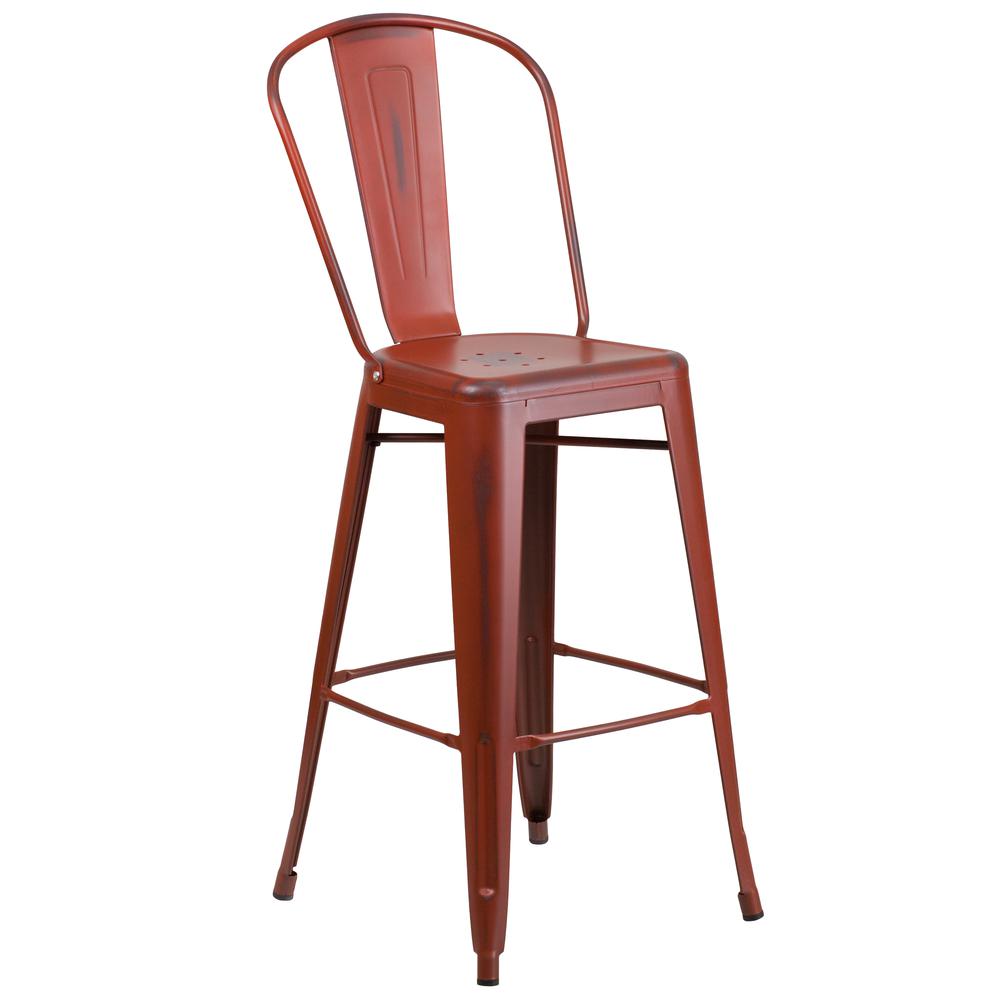 Commercial Grade 30" High Distressed Kelly Red Metal Indoor-Outdoor Barstool with Back. Picture 1