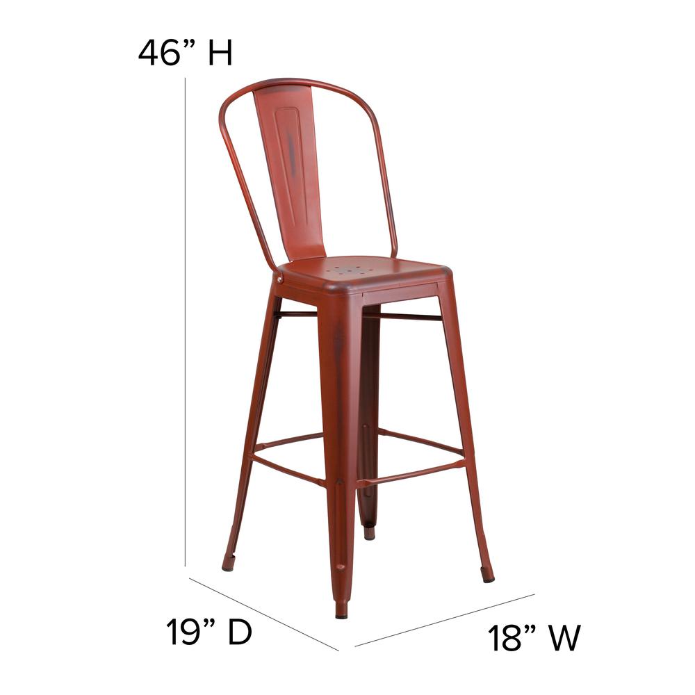 Commercial Grade 30" High Distressed Kelly Red Metal Indoor-Outdoor Barstool with Back. Picture 2