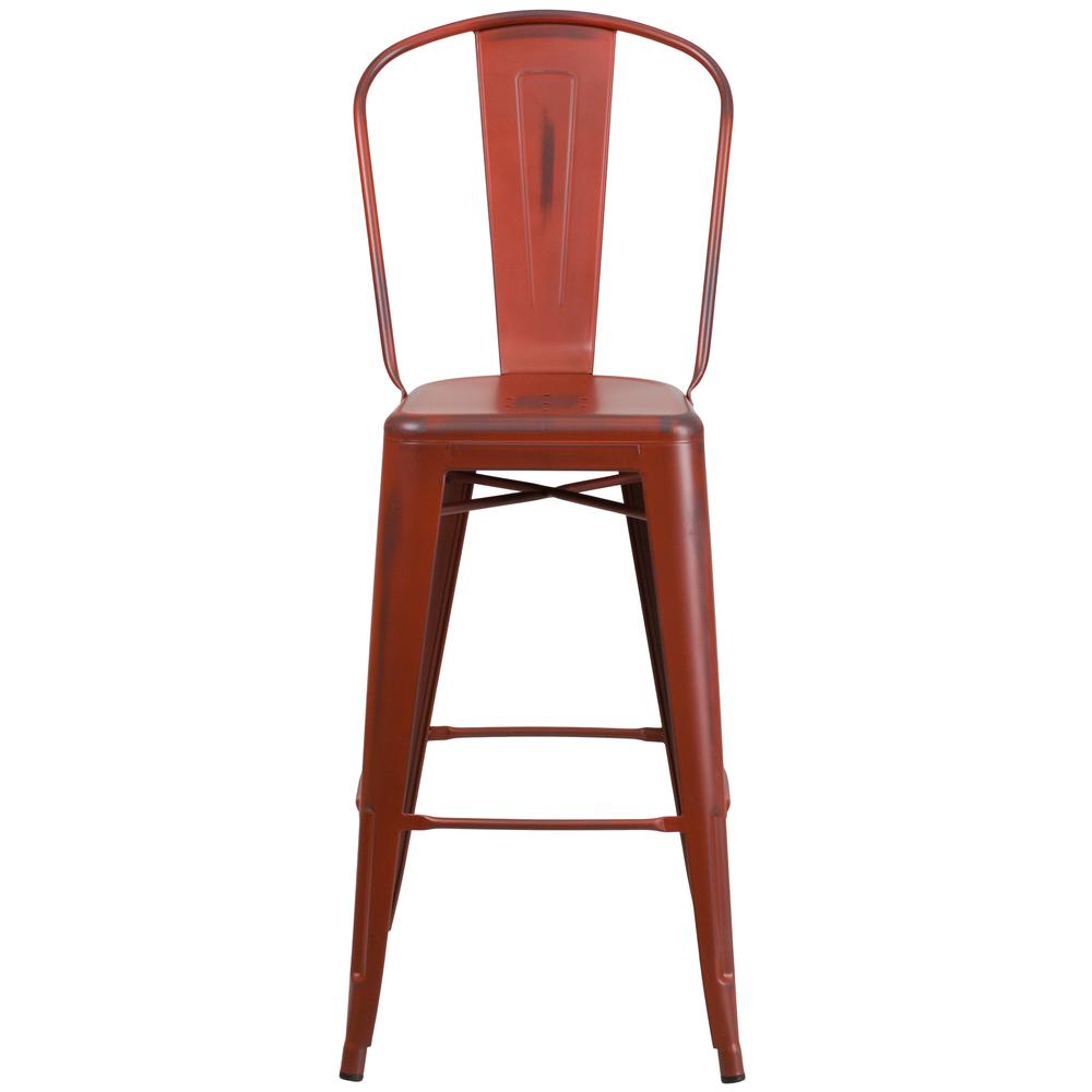 Commercial Grade 30" High Distressed Kelly Red Metal Indoor-Outdoor Barstool with Back. Picture 5
