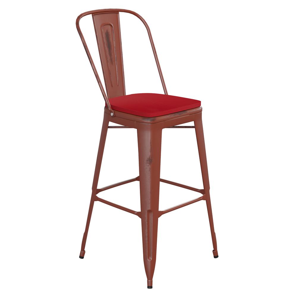 30" High Kelly Red Metal Indoor-Outdoor Barstool with Red Poly Resin Wood Seat. Picture 2