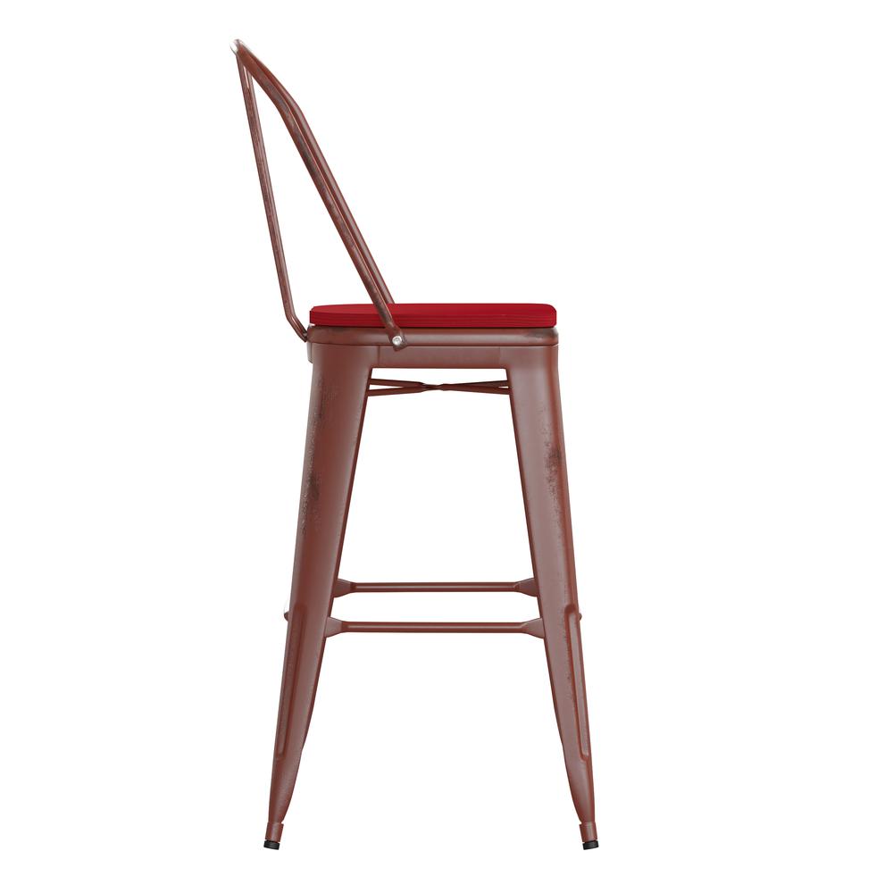 30" High Kelly Red Metal Indoor-Outdoor Barstool with Red Poly Resin Wood Seat. Picture 10