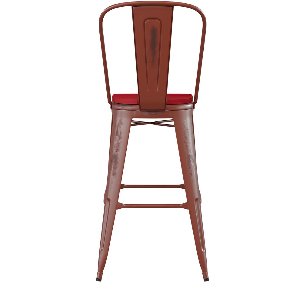 30" High Kelly Red Metal Indoor-Outdoor Barstool with Red Poly Resin Wood Seat. Picture 9