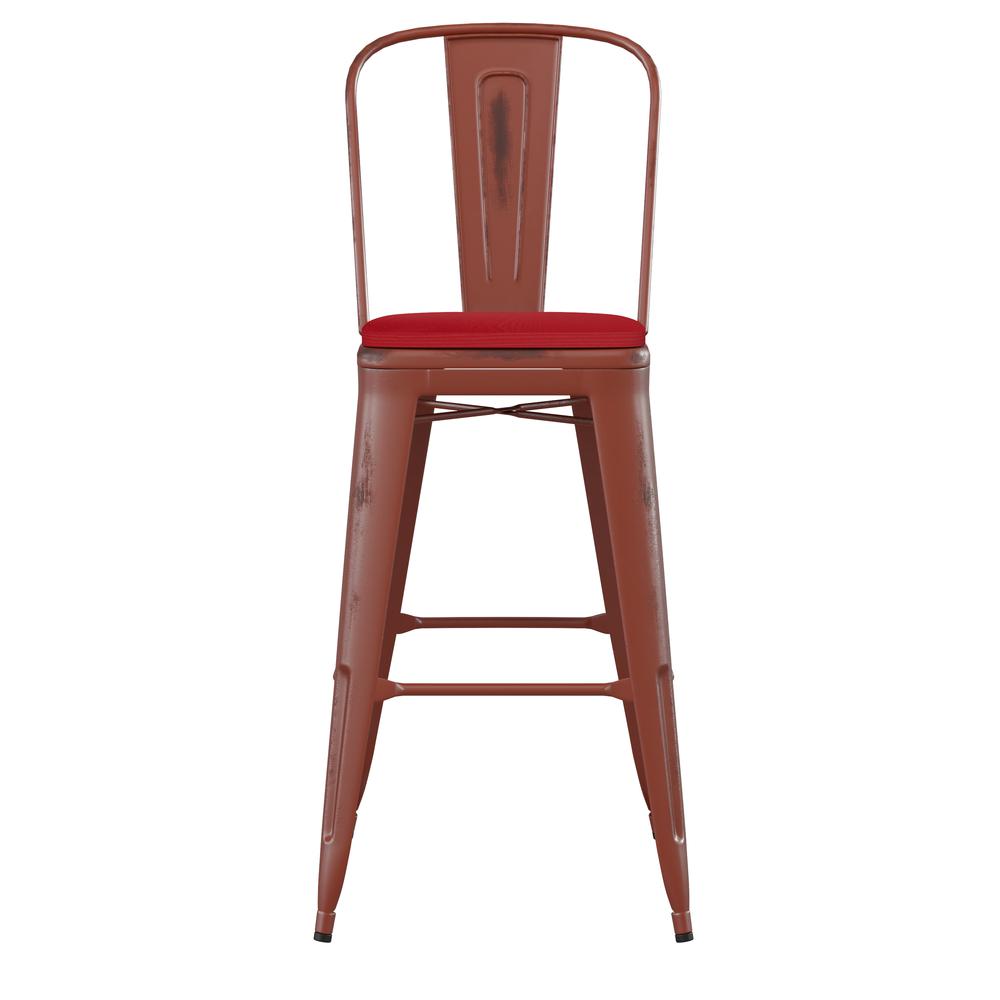 30" High Kelly Red Metal Indoor-Outdoor Barstool with Red Poly Resin Wood Seat. Picture 11