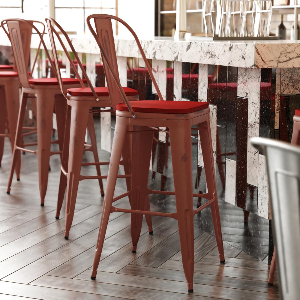 30" High Kelly Red Metal Indoor-Outdoor Barstool with Red Poly Resin Wood Seat. Picture 1