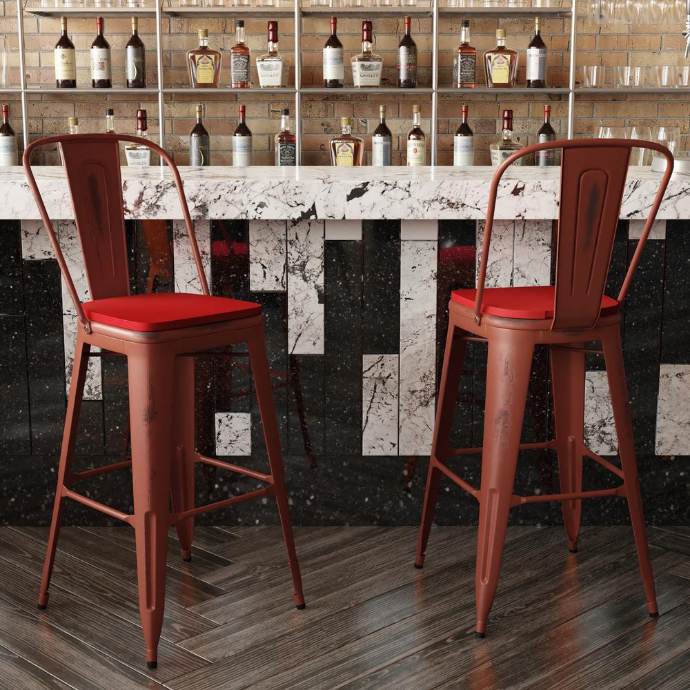 30" High Kelly Red Metal Indoor-Outdoor Barstool with Red Poly Resin Wood Seat. Picture 7