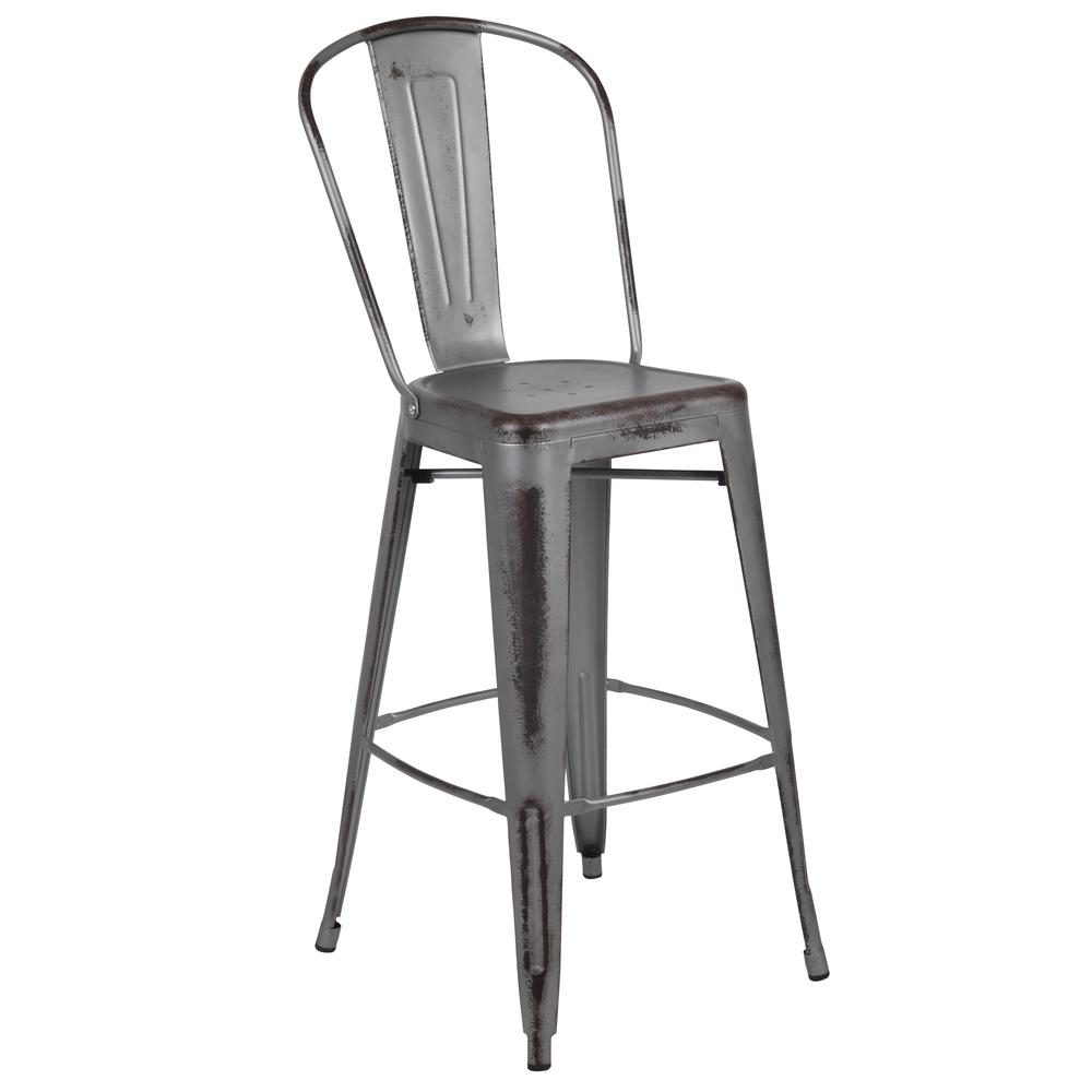 Commercial Grade 30" High Distressed Silver Gray Metal Indoor-Outdoor Barstool with Back. Picture 1
