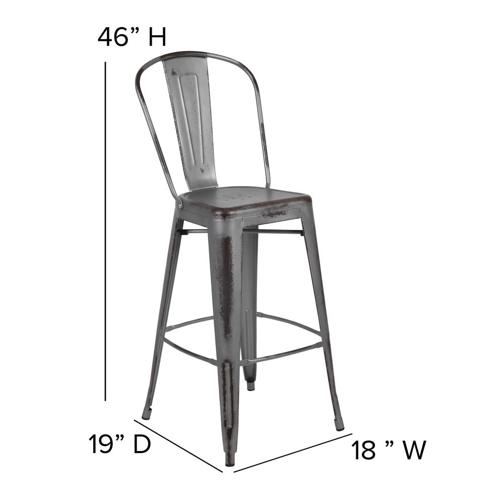 Commercial Grade 30" High Distressed Silver Gray Metal Indoor-Outdoor Barstool with Back. Picture 4