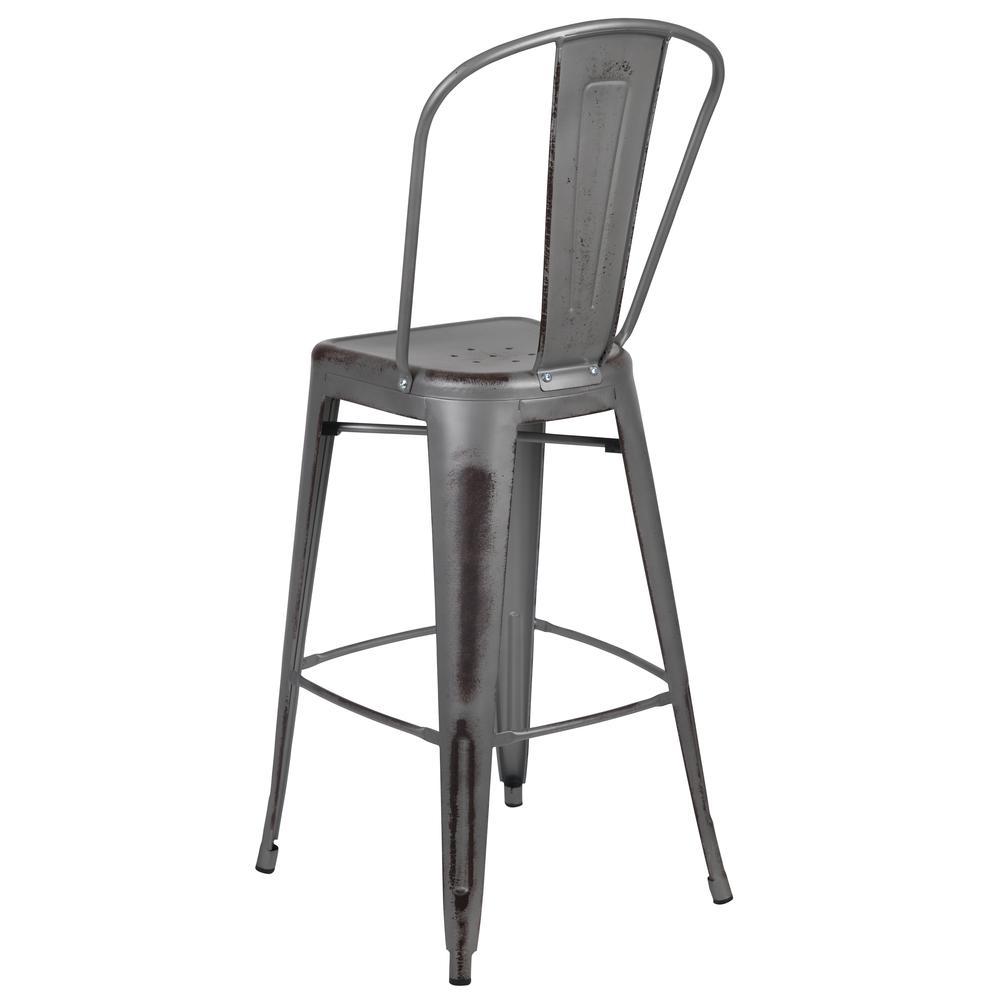 Commercial Grade 30" High Distressed Silver Gray Metal Indoor-Outdoor Barstool with Back. Picture 5