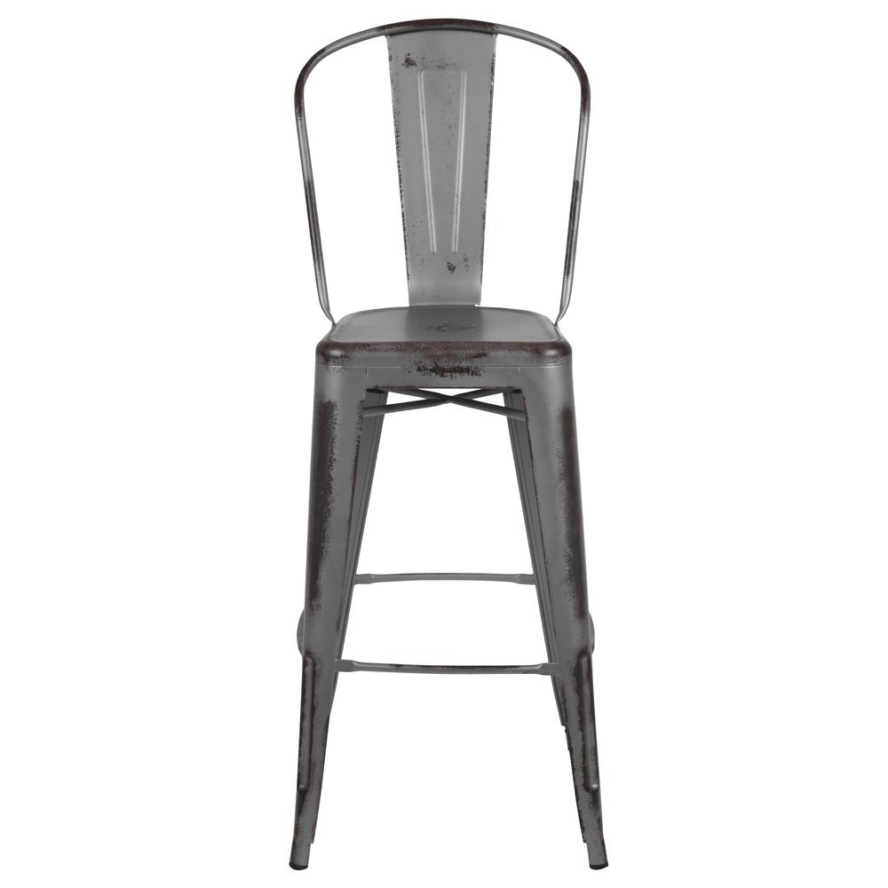 Commercial Grade 30" High Distressed Silver Gray Metal Indoor-Outdoor Barstool with Back. Picture 5